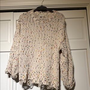 JODIFL Cream Speckled Distressed Knit Sweater